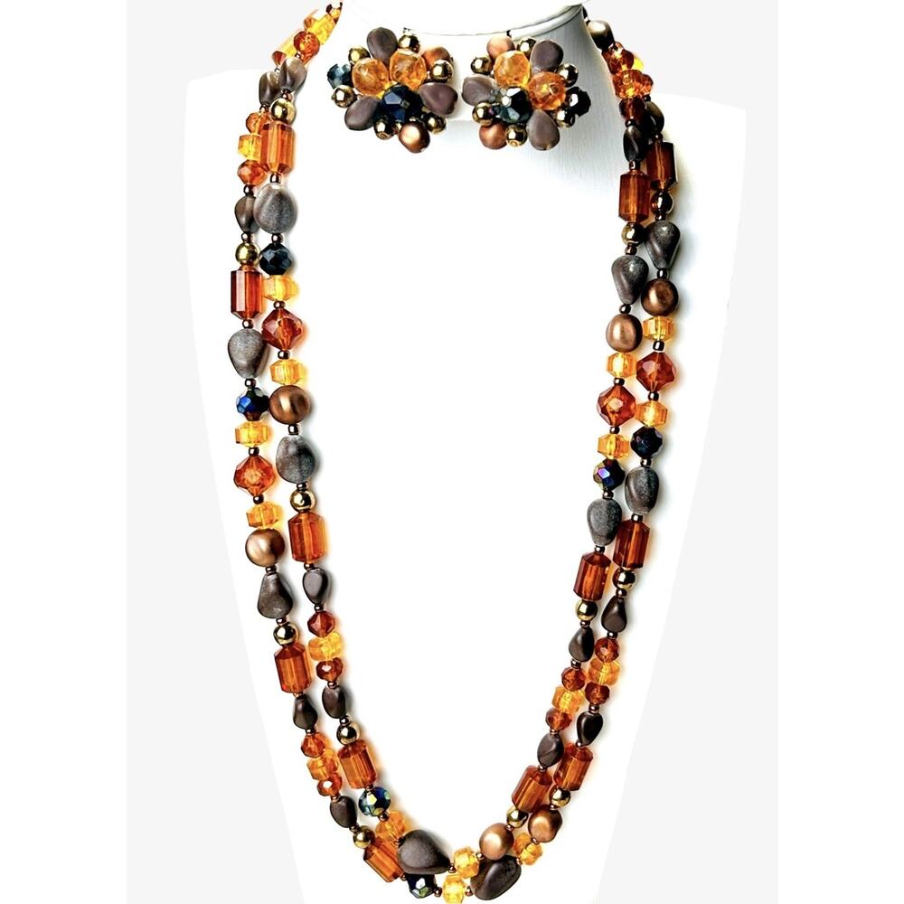 Vintage West German Necklace Beaded Acrylic Clip Earring Set Opera Flapper 50”